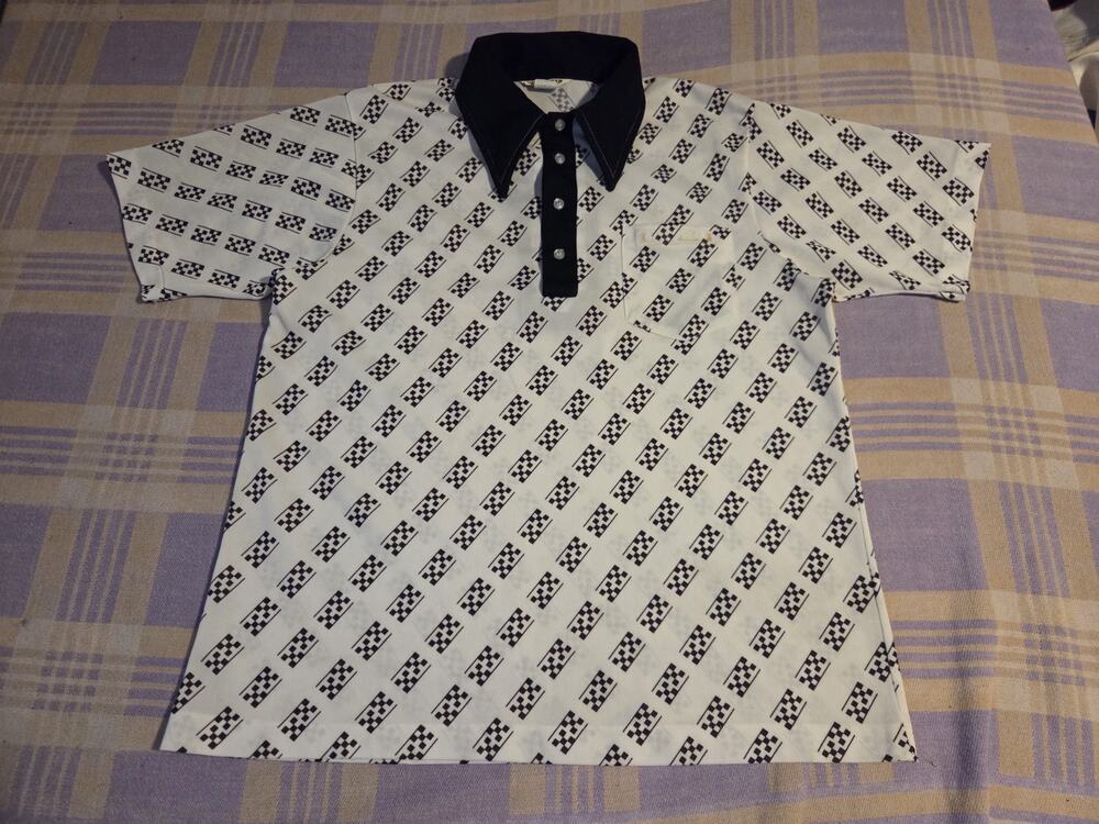 Vintage 70s Goodyear Daggar Collar Button Polo Shirt AOP Blimp Rare Tires Racing